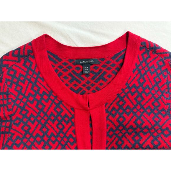 Lands End Red Navy Geometric Long Open Front Cardigan 14W/0X - Picture 10 of 12